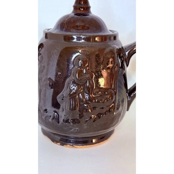 Rockingham Teapot-Rebecca at the Well Relief Raised Clay Brown Glaze Antique 7" - Picture 6 of 16